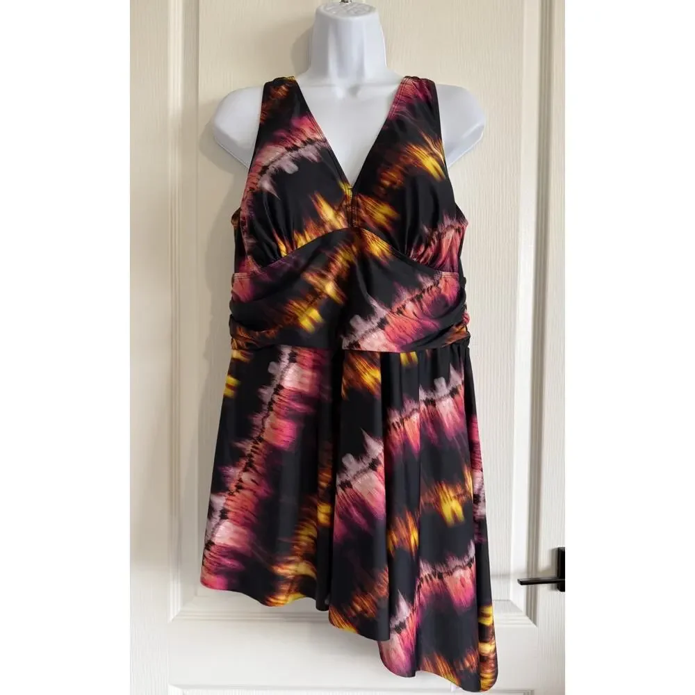 Torrid Size 1 1X 14-16 Wireless Short Asymmetrical Swim Dress with Brief Tie Dye